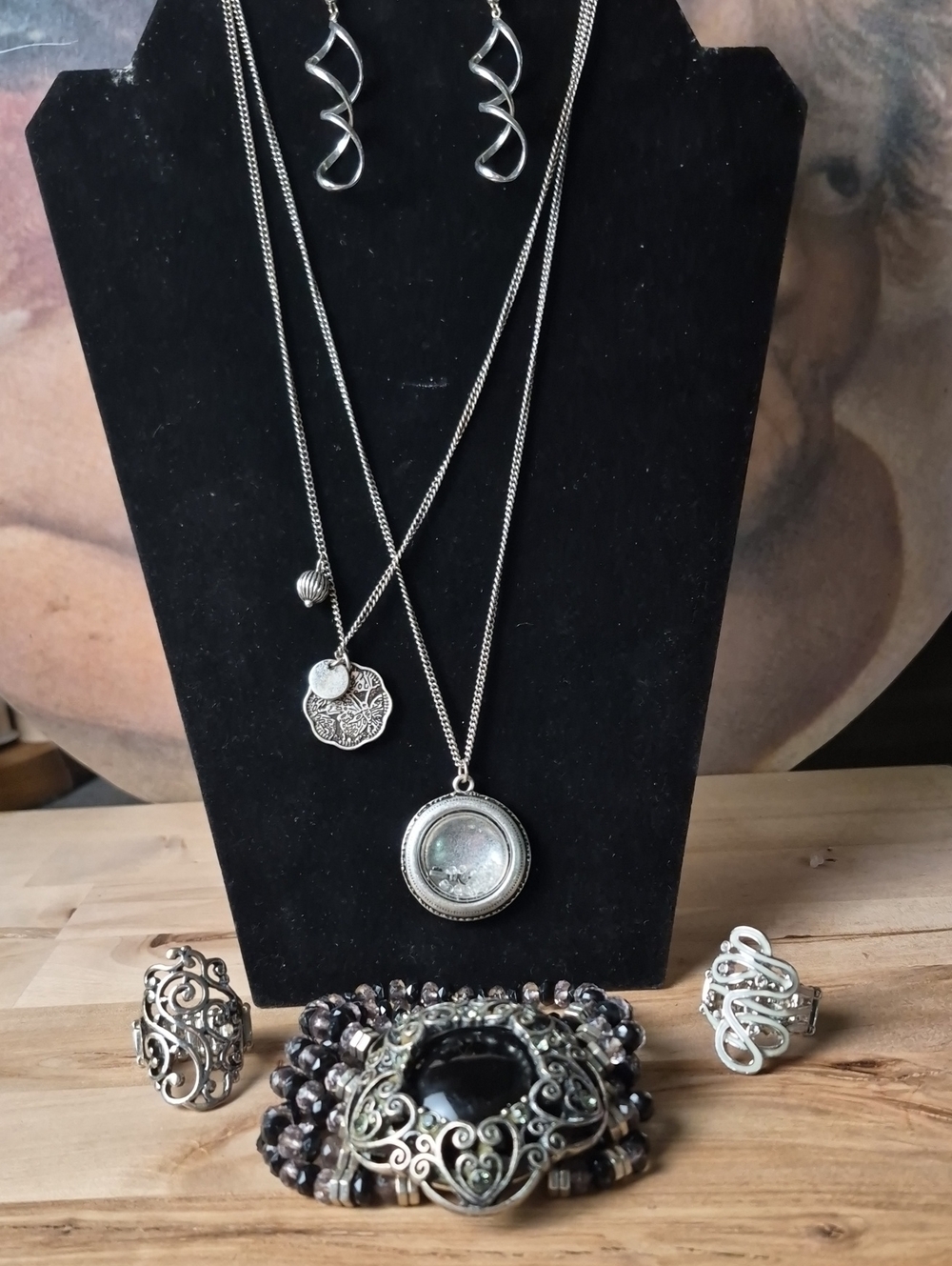 Silver-Tone Layered Pendant Necklace Set with Spiral Earrings - Silver